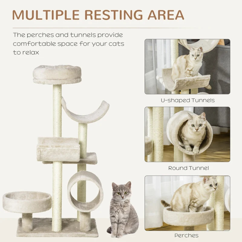 Beige Cat Tree Activity Center with Tunnel - 105cm Tall