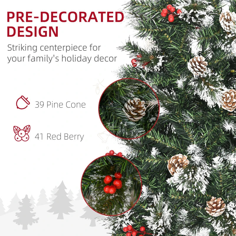 7 Ft Snow Dipped Slim Pencil Christmas Tree with Realistic Branches, Pine Cones, Red Berries - Green