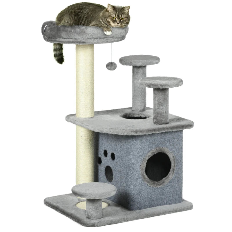 Grey Cat Tree with Scratching Posts, House, Bed - 92cm