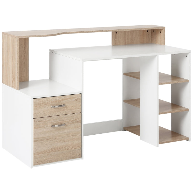 Oak and White Computer Desk with Drawers and Storage Shelves