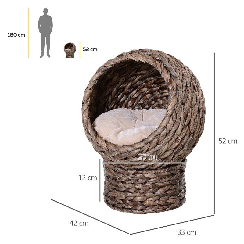 Brown Wicker Cat Bed with Raised Rattan Basket & Washable Cushion