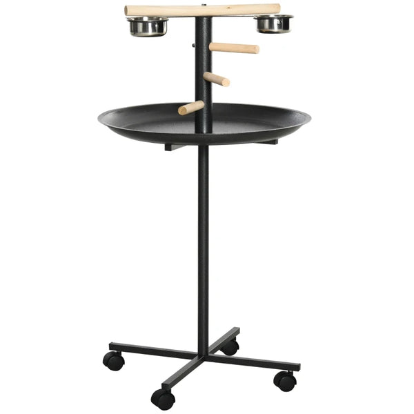 Metal Bird Play Stand with Feeding Station and Wheels, Black