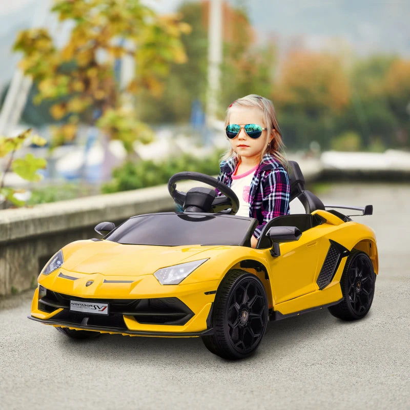 Yellow 12V Kids Electric Car with Butterfly Doors, Remote Control, Music, Horn, Suspension