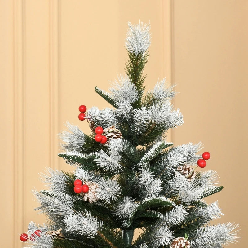 6FT Snow Dipped Christmas Pencil Tree - Red Berries & White Pinecones