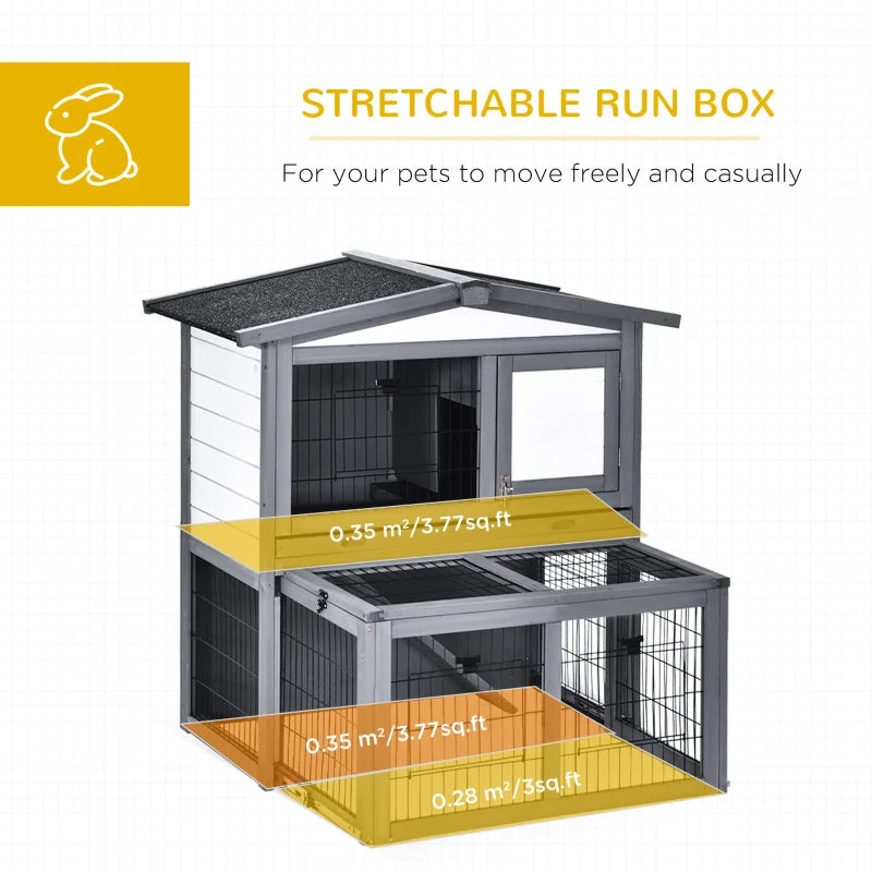 Grey 2 Tier Wooden Small Animal Hutch with Run and Ramp - 101.5 x 90 x 100 cm