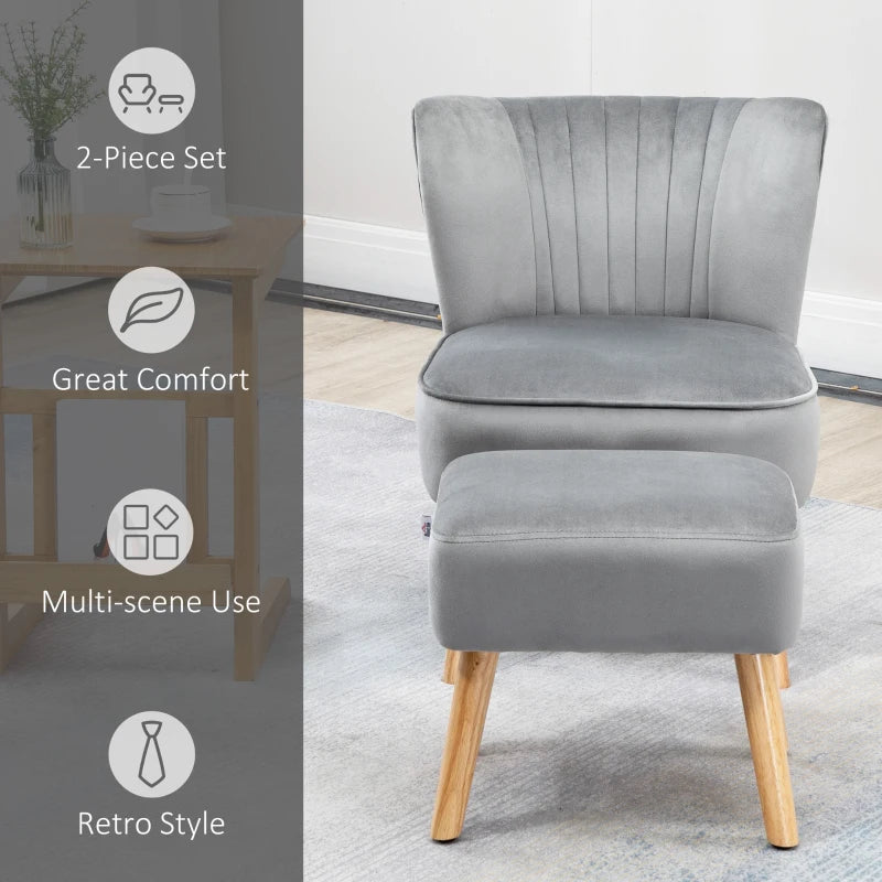 Light Grey Velvet Accent Chair with Ottoman - Curved Back, Wood Frame Legs