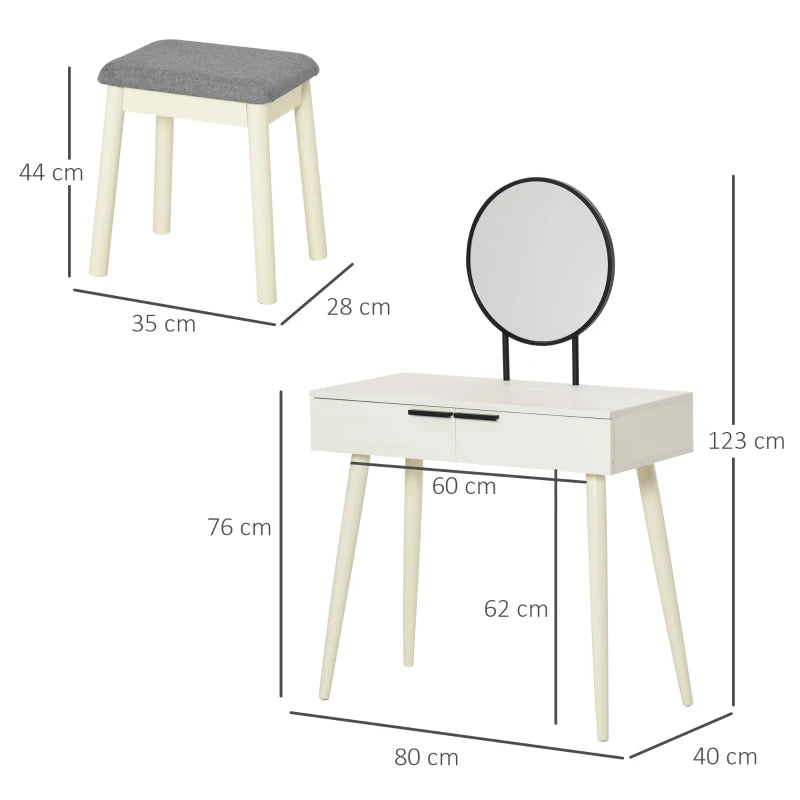 White Vanity Dressing Table Set with Mirror, Stool, and Organiser