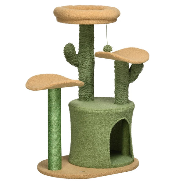 Green Cactus Cat Tree with Teddy Fleece House & Scratching Post