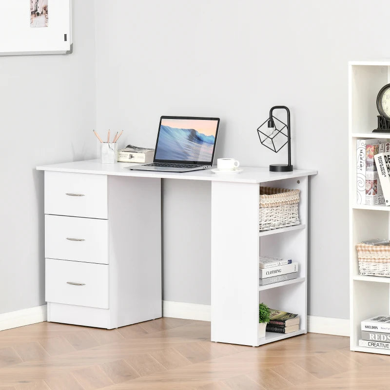 White Computer Desk with Storage Shelves and Drawers