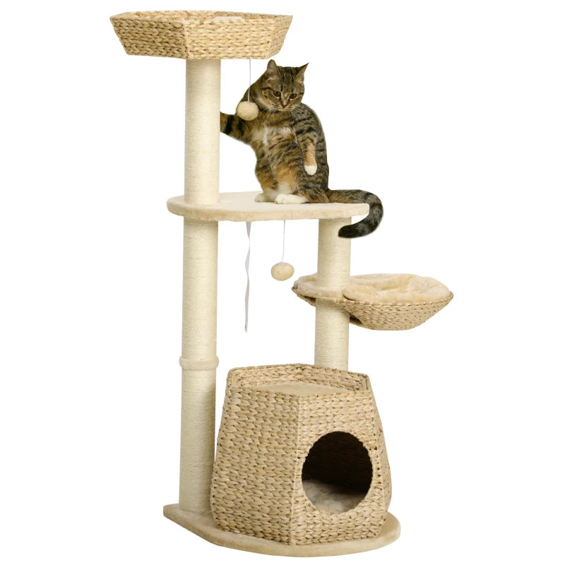 Cat Tree Activity Centre with Cattail, Bed, House, Sisal Post, Ball - Natural