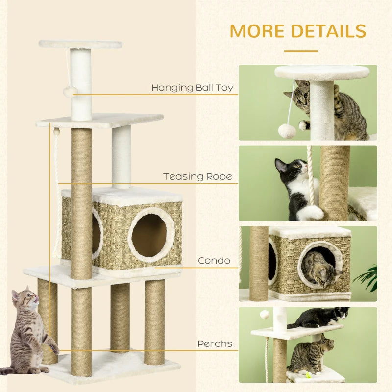 Beige Cat Tree with Scratching Post, House & Toy Ball