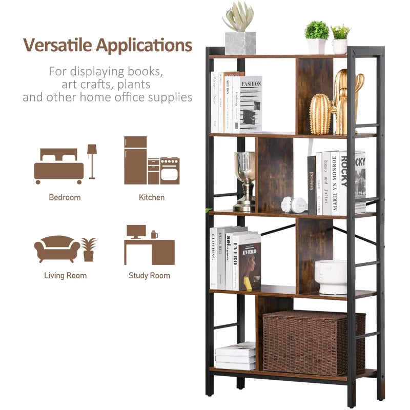 4-Tier Brown Black Industrial Bookshelf for Living Room Office