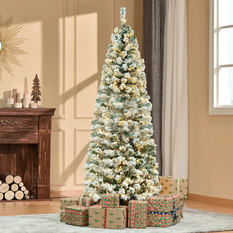 6FT Snow Flocked Christmas Tree with Warm White LED Lights, Green