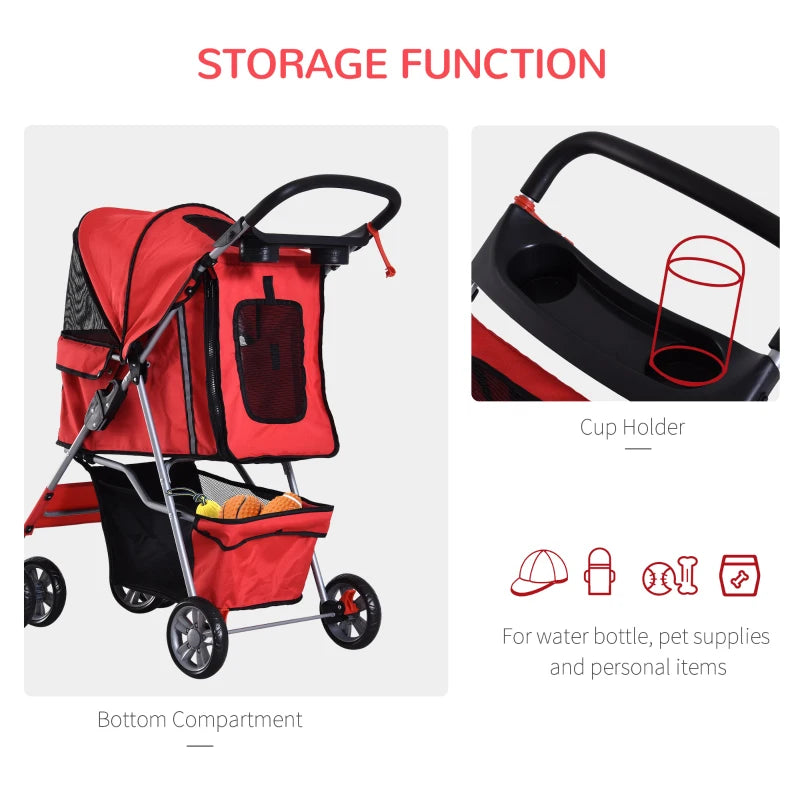 Red Dog Stroller with Rain Cover for Small Dogs