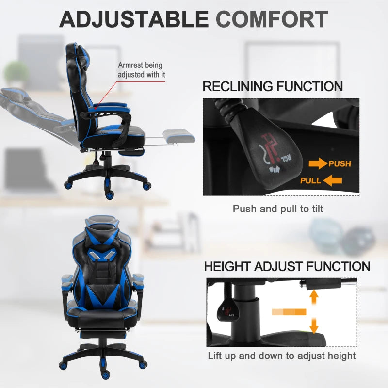 Blue Gaming Chair with Lumbar Support, Footrest, and Headrest