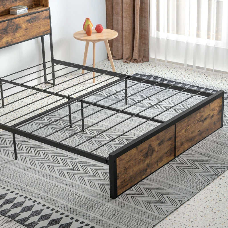 Rustic Brown Steel King Bed Frame with Storage, 5.2FT - Slatted Support, Headboard, Footboard, Under Bed Storage - 158 x 222cm