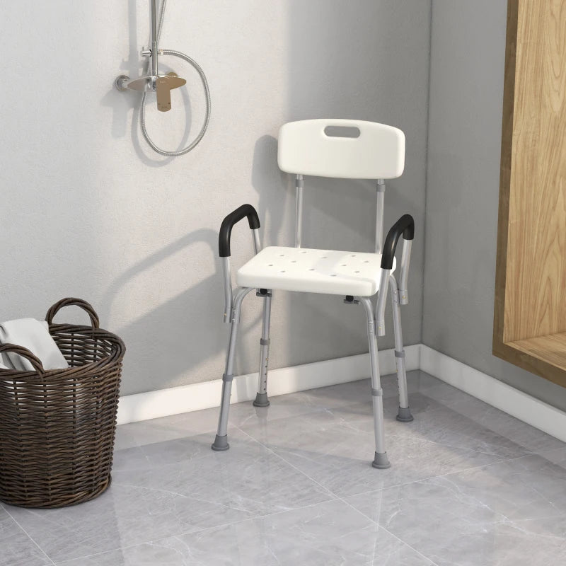 Adjustable Shower Chair with Back and Armrest, Portable Medical Stool - White