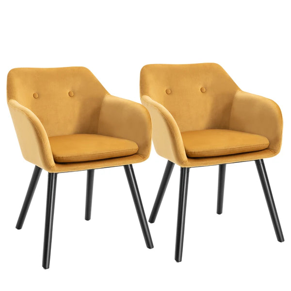 Yellow Velvet Upholstered Dining Chairs Set of 2 with Backrest and Armrests