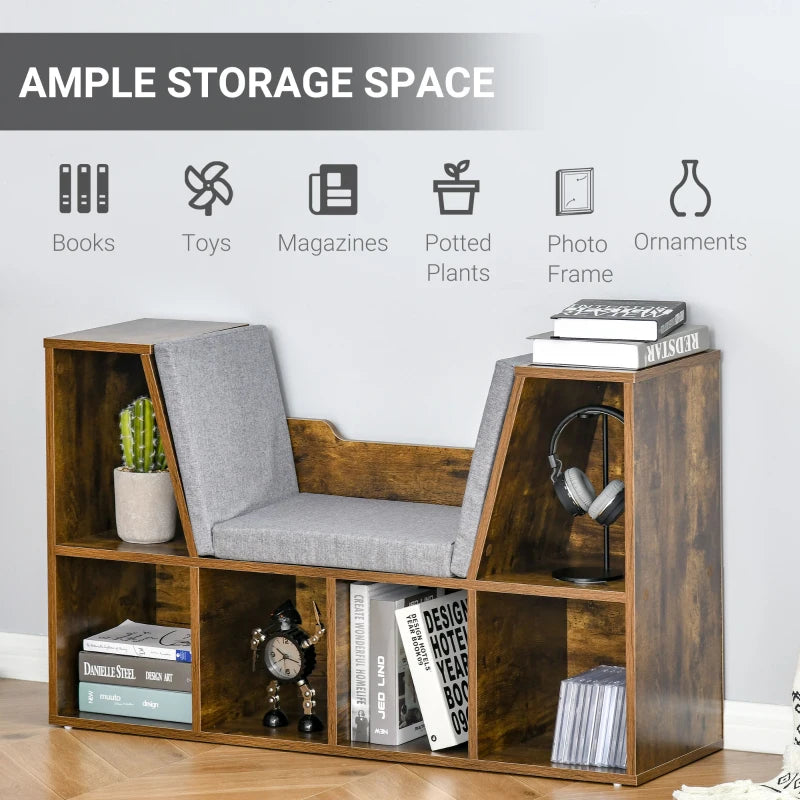 Wood-Effect 6-Compartment Bookcase with Padded Seat - Espresso