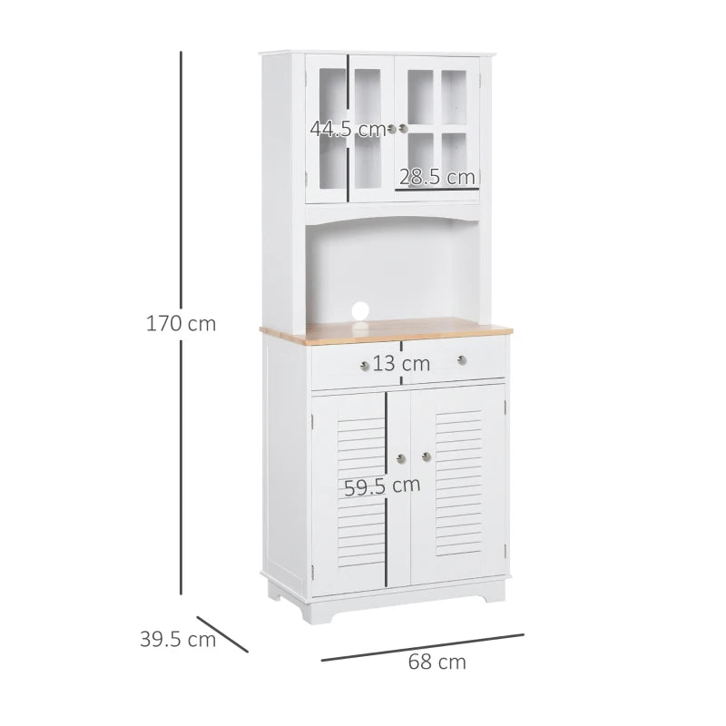 White Louvered Kitchen Storage Cabinet with Glass Doors & Drawers