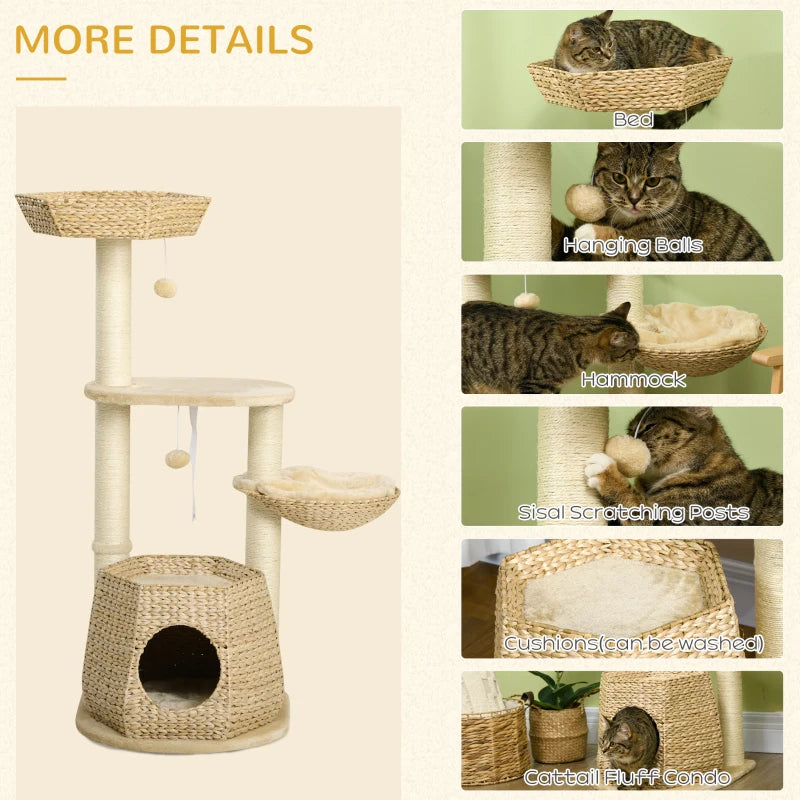 Cat Tree Activity Centre with Cattail, Bed, House, Sisal Post, Ball - Natural