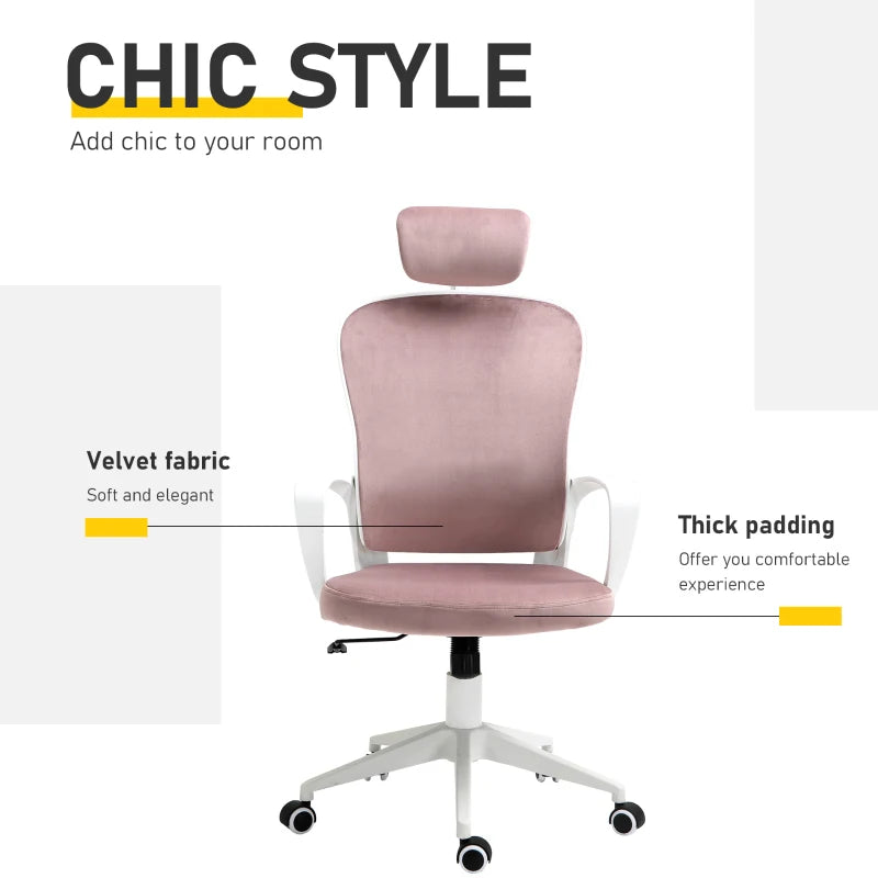 Velvet Pink Ergonomic High Back Office Chair with Adjustable Headrest