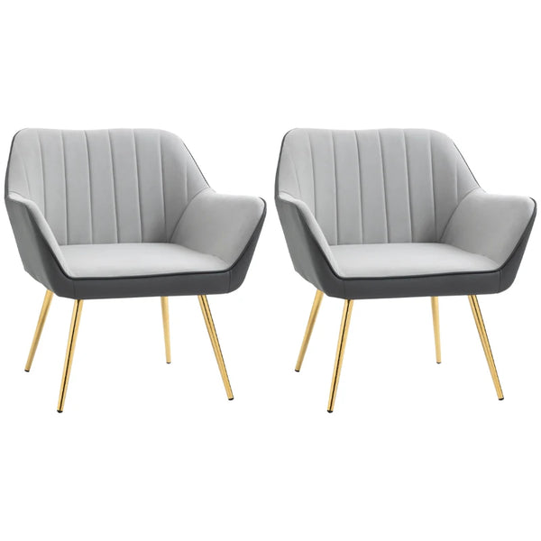 Light Grey Velvet Armchairs with Golden Steel Legs, Set of 2
