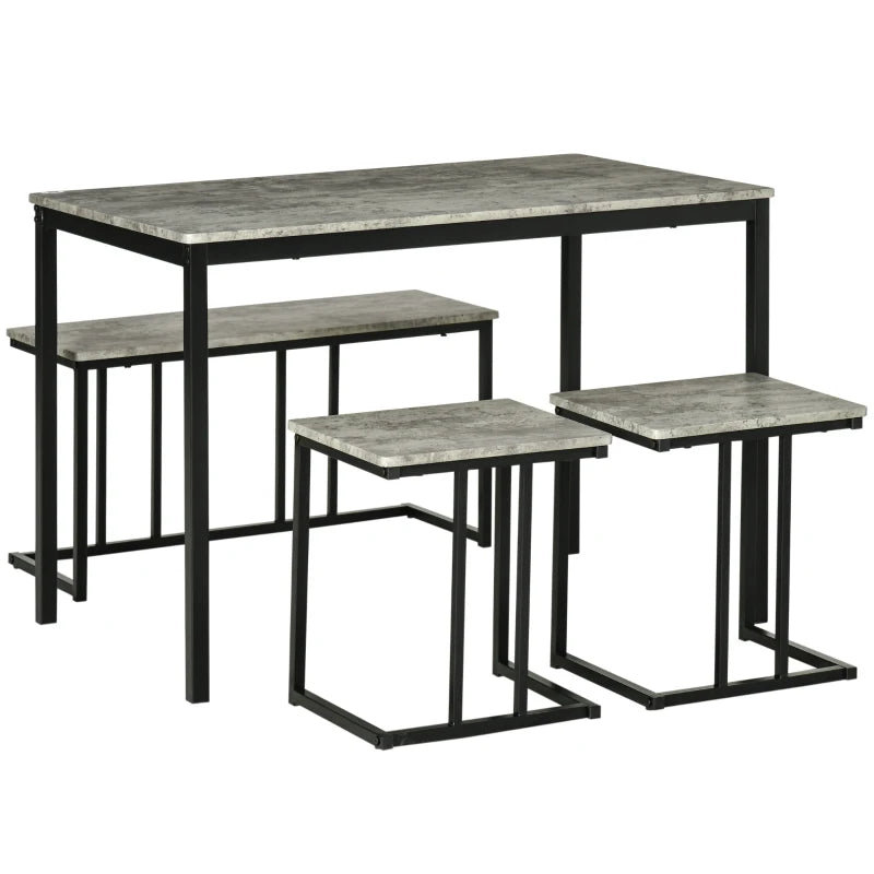 Grey Concrete Effect Dining Set for 4 - Steel Frame Table and Bench