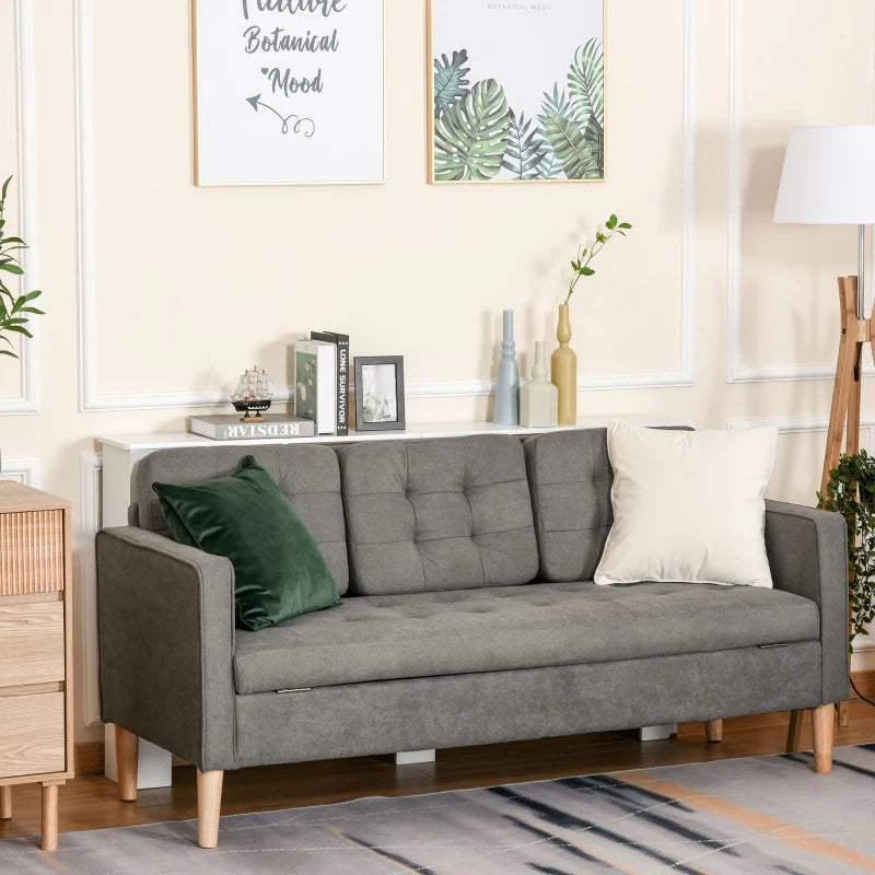 Grey Tufted 3 Seater Sofa with Hidden Storage and Wood Legs