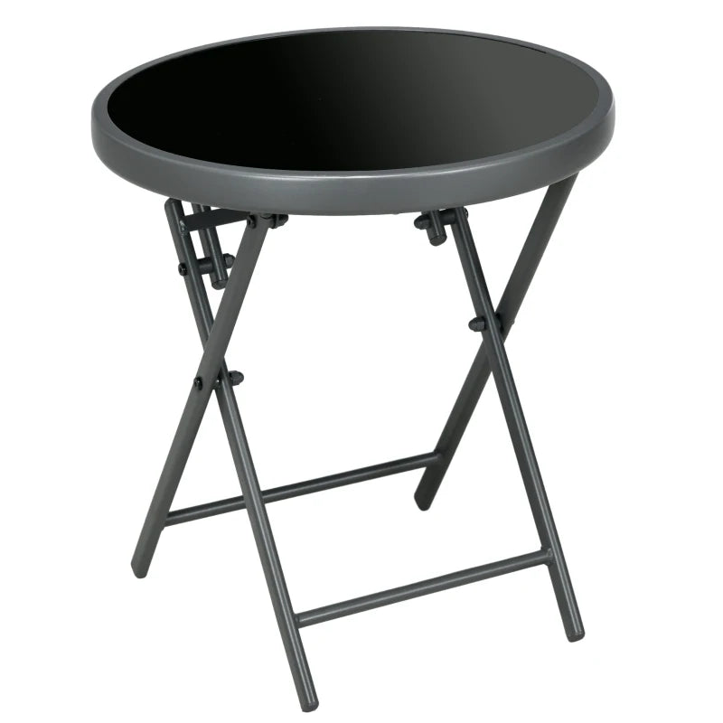 Black Round Outdoor Folding Patio Table with Imitation Marble Glass Top