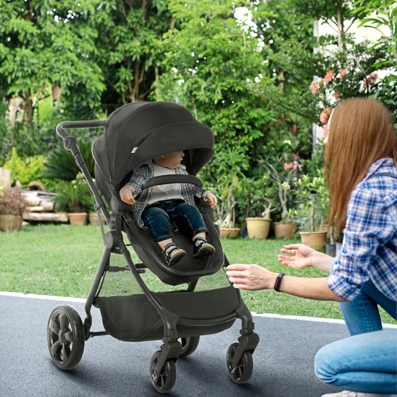 Black Foldable Baby Stroller with Reclining Backrest and Adjustable Canopy