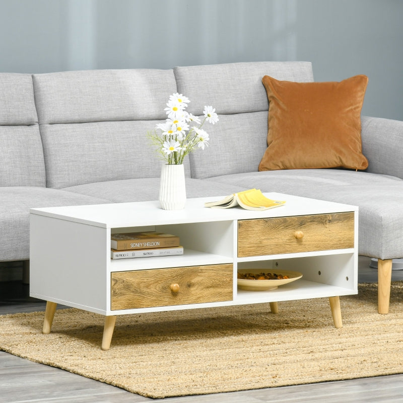 Rectangular White and Brown Coffee Table with Drawers and Shelves