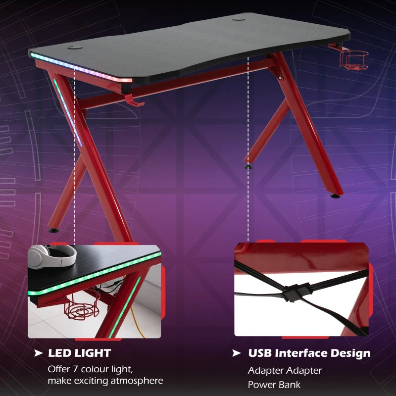 Red Gaming Desk with LED Light and Accessories