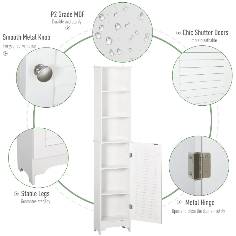 White Tall Bathroom Storage Cabinet with 6 Shelves - 165H x 34W x 20D cm