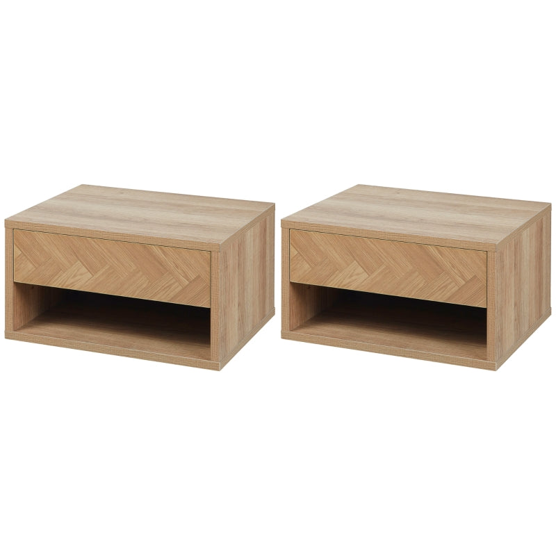 Natural Wall Mounted Bedside Table with Drawer and Shelf, 37 x 32 x 21cm