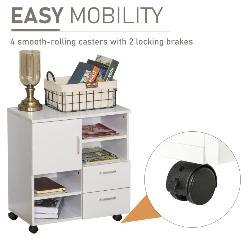White Mobile Printer Stand with Shelves and Drawers, Printer Table on Wheels - 60x35x65cm
