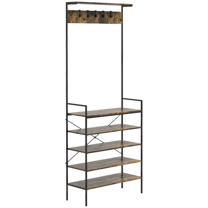 Rustic Brown Industrial Coat Stand with Shoe Storage and 5 Hooks