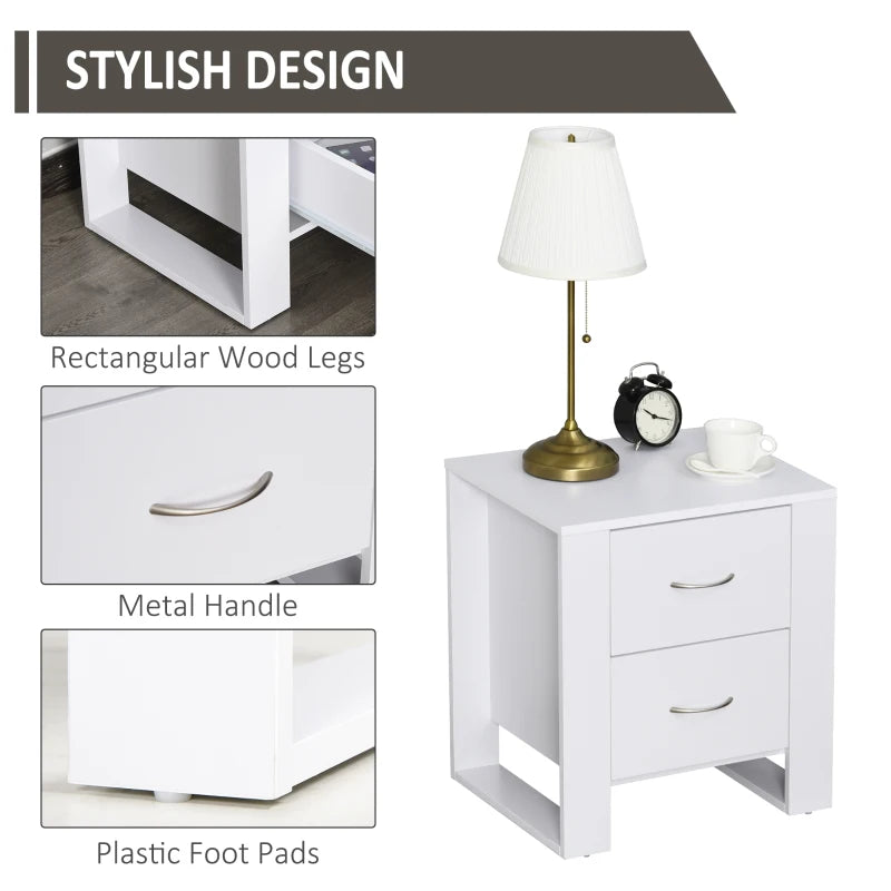 White 2-Drawer Bedside Nightstand with Elevated Base