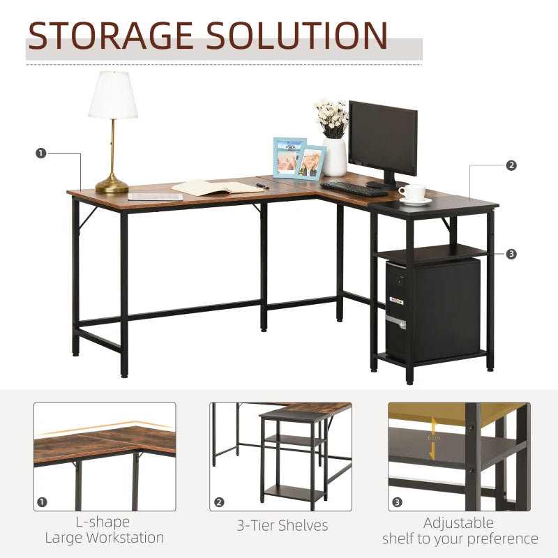 Rustic Brown L-Shaped Industrial Corner Desk with Adjustable Storage Shelf