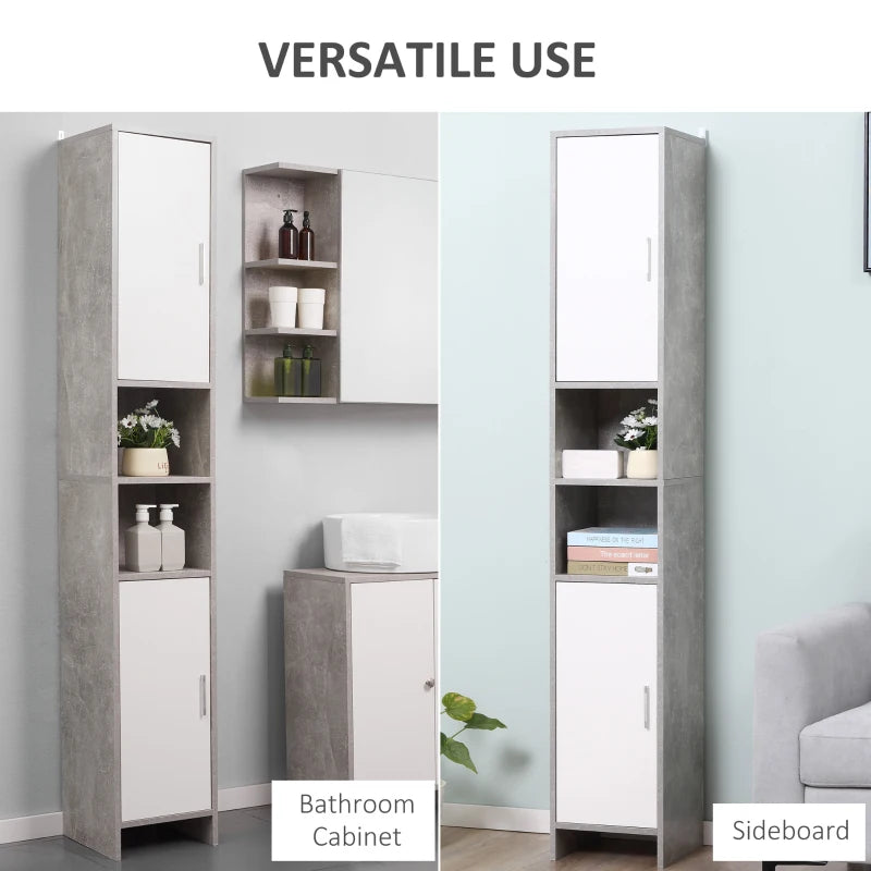 Grey Tall Bathroom Storage Cabinet with 2 Cupboards and Open Compartments