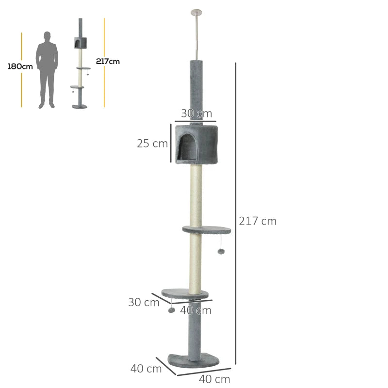 Cat Tree Condo with Scratching Post and Hanging Balls, Light Grey