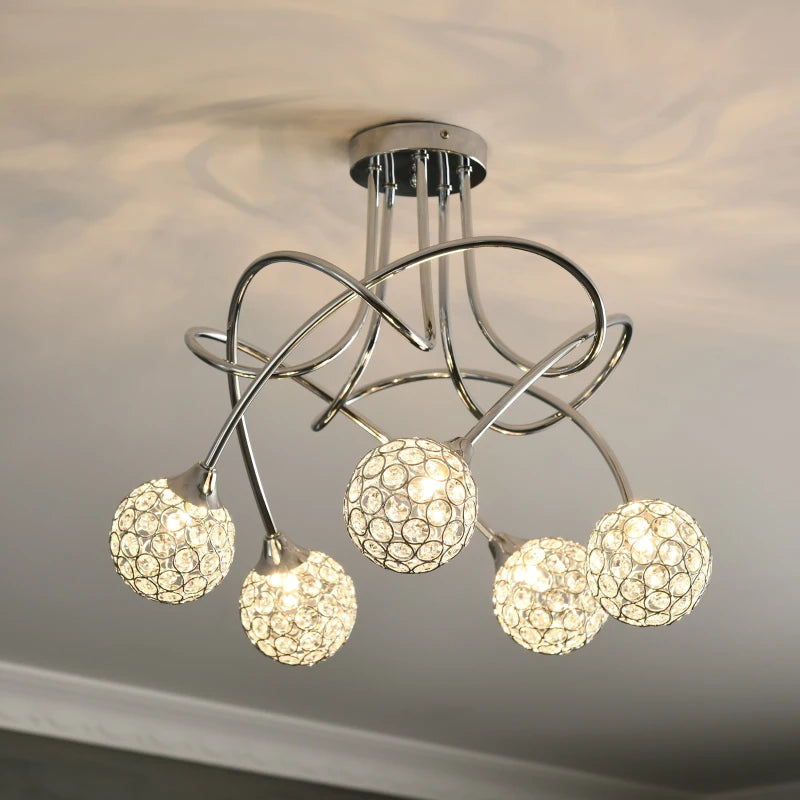 Crystal Ball Chandelier Pendant Light - Silver, 5 Lampshades, 5 G9 Bulbs