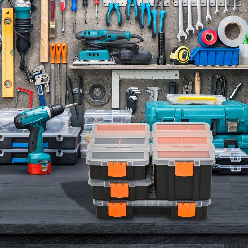 4-Piece Black and Orange Plastic Tool Storage Boxes with Dividers and Locking Lids