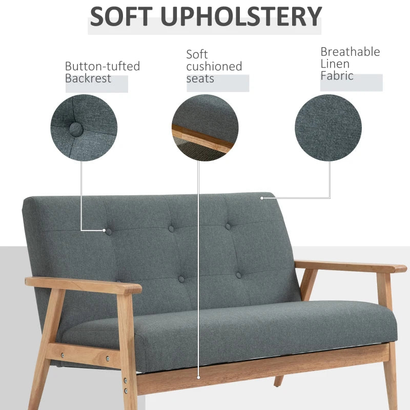 Modern Grey Fabric Sofa with Tufted Design and Rubberwood Legs