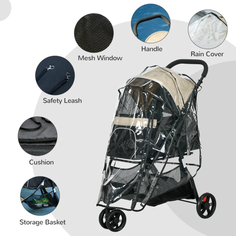 Foldable Pet Stroller with Rain Cover - Khaki, XS/S Dogs