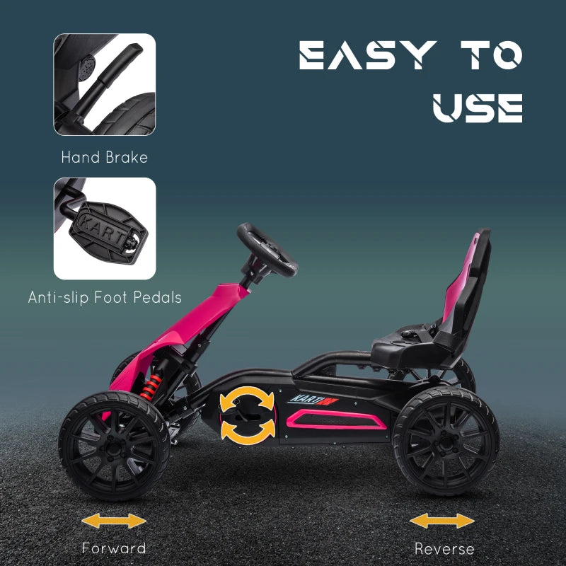 Kids Pink Pedal Go Kart with Adjustable Seat and Handbrake