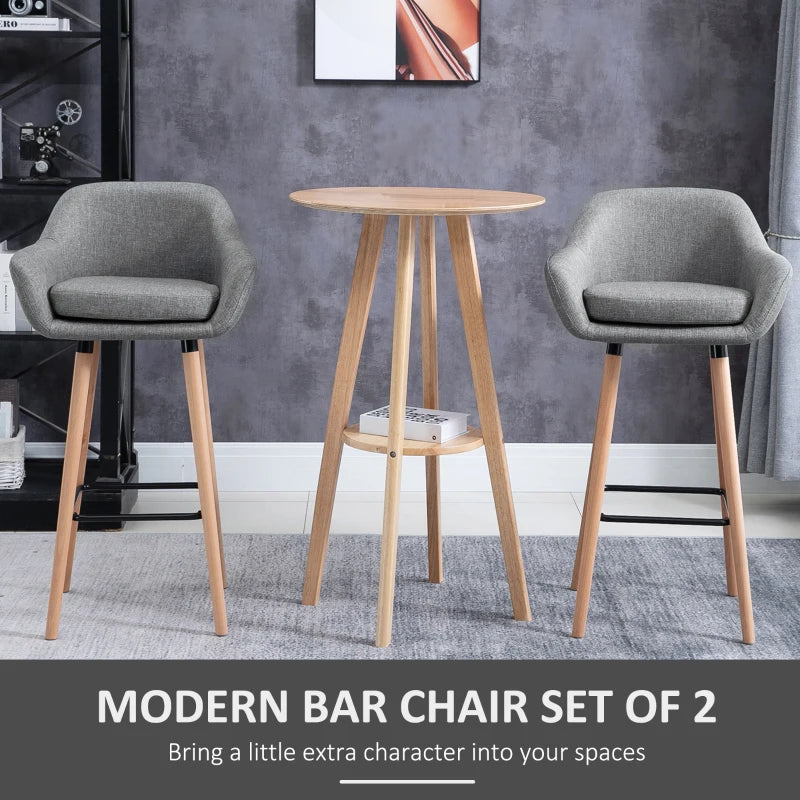 Grey Upholstered Bar Stools Set of 2 - Modern Metal Frame, Solid Wood Legs