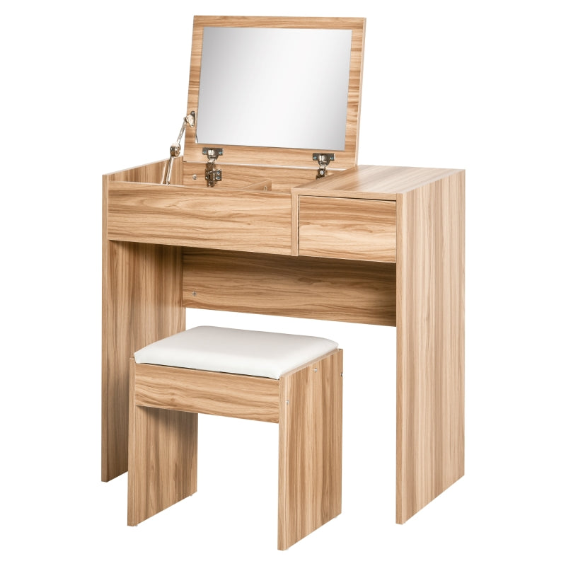 Natural Makeup Vanity Set with Mirror, Drawer, and Stool