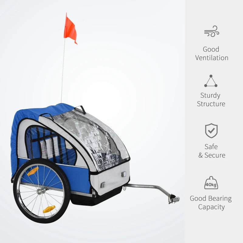 Blue White 2-Seat Child Bike Trailer with Safety Harness