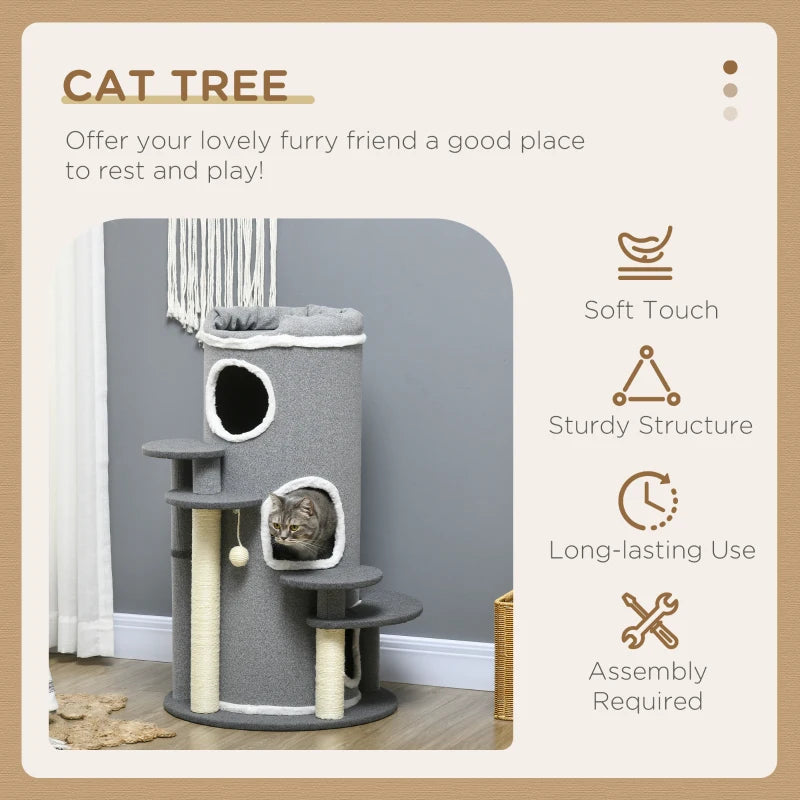 Grey Barrel Cat Tree with Scratching Posts, Bed, Platforms & Ball